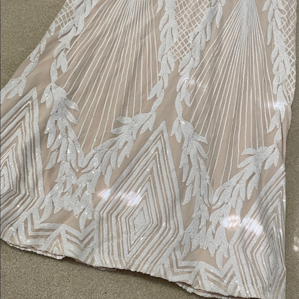 Elegant Beige and White sequined Embroidered Dress - Picture 2 of 7